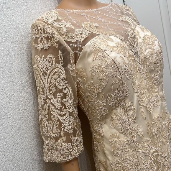 Wedding Dress Champagne Beige Boat Neck 3/4 Sleeve Corset Tie Back Midi - Picture 3 of 14